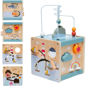 Cub cu activitati Montessori, din lemn, 5 in 1