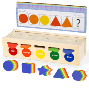 Sortator din lemn, 4 in 1, Culori si Forme Geometrice, Montessori