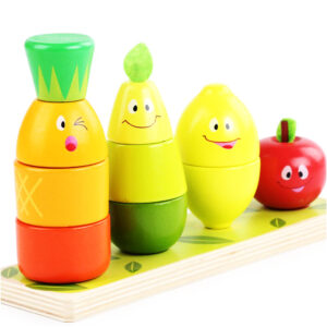 Joc Montessori de stivuit din lemn 3 in 1, Turnul Fructelor