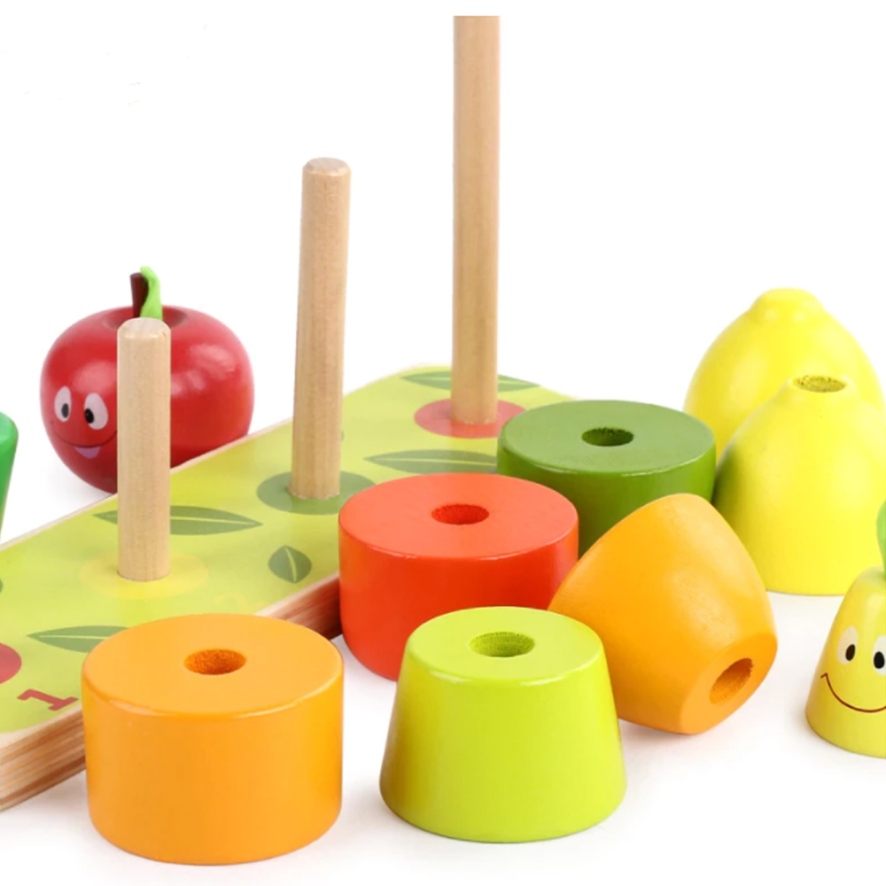 Joc Montessori de stivuit din lemn 3 in 1, Turnul Fructelor - imagine 6