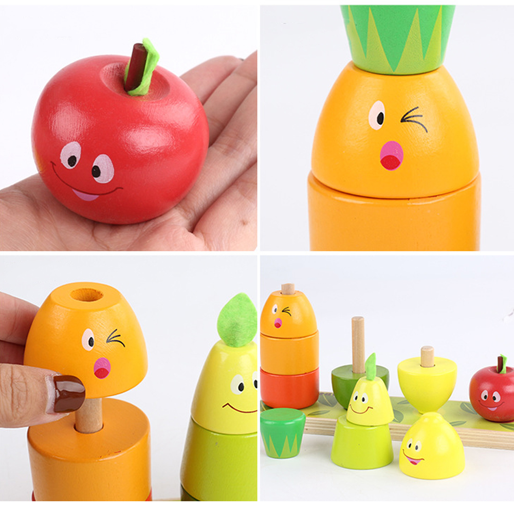 Joc Montessori de stivuit din lemn 3 in 1, Turnul Fructelor - imagine 3