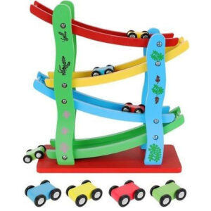 Pista Montessori cu masinute din lemn - circuit cu 4 piste si 4 masinute