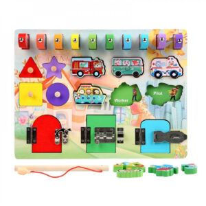 Placa din lemn cu activitati Montessori, potriveste puzzle, incuie, descuie si pescuieste