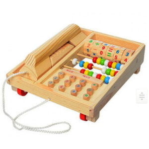 Telefon de jucarie din lemn, Montessori, multifunctional cu abac si operatii matematice