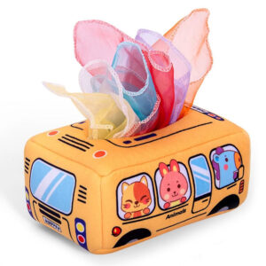 Jucarie educativa si senzoriala bebe, Cutia cu batiste, Montessori, Galben