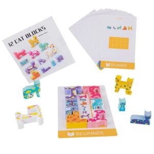 Joc puzzle tetris din lemn, blocuri cu forme de pisici din lemn, Montessori