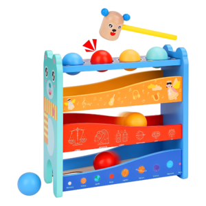 Cutia permanentei Montessori cu animale, ciocan si bile, din lemn