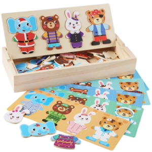 Puzzle incastru in cutie din Lemn, Imbraca Animalutele, Montessori