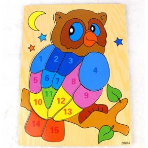 Puzzle incastru din lemn, in forma de bufnita, Montessori, 27 piese