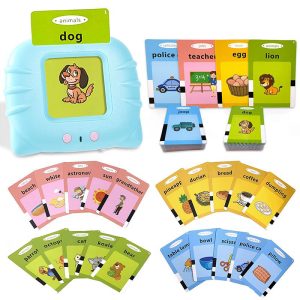 Jucarie educativa Montessori pentru copii, aparat de invatat cuvinte in limba engleza cu cititor de carduri flash, 224 de cuvinte, 112 carduri, incarcare MicroUSB, Albastru