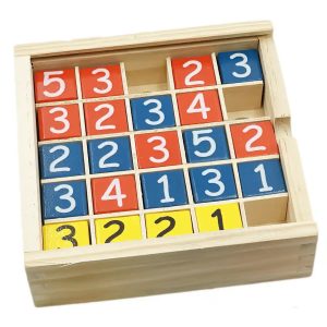 Joc Sudoku din lemn pentru copii, puzzle incastru cu 25 de cuburi colorate si numerotate