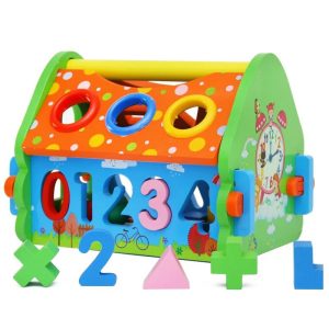 Jucarie educativa Montessori, Casuta din lemn cu cifre si forme geometrice, 3 in 1, 20 piese