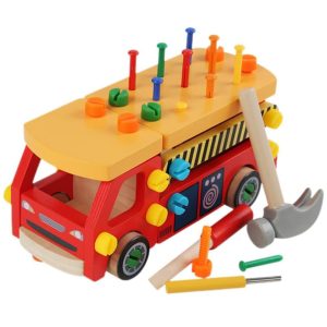 Masinuta de jucarie multifunctionala cu ciocanel, cuie din plastic si suruburi, Montessori, din lemn