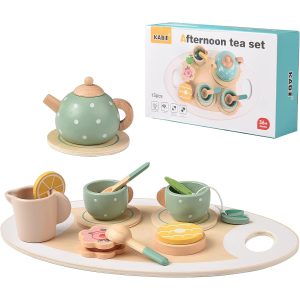 Set de ceai pentru copii cu accesorii incluse, Montessori, din lemn, 15 piese