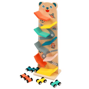 Pista Lemn cu Masinute Rulante in forma de Ursulet