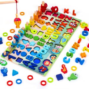 Joc 7 in 1 din lemn, Montessori logaritmic, litere, cifre, forme, animale salbatice, forme geometrice si pescuit magnetic