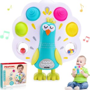 Jucarie pentru antrenarea degetelor, in forma de paun, cu butoane din silicon, sunete si activitati