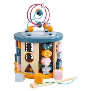 Cub educativ rotativ din lemn 5 in 1, sortator forme, labirint cu bile, abac, joc magnetic si activitati logice, 2 ani+