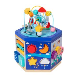 Cub educativ din lemn multifunctional 6 in 1, labirint cu bile, sortator forme, ceas, abac si rotite colorate, 2 ani+