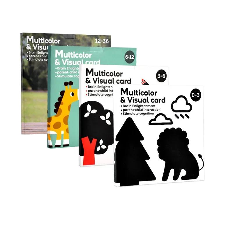 Set 4 carti pentru stimularea vizuala a bebelusului, imagini alb, negru, rosu si multicolor, 0-36 luni