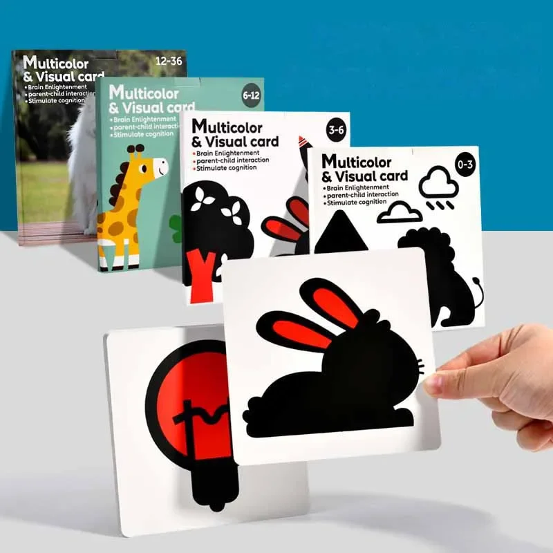 Set 4 carti pentru stimularea vizuala a bebelusului, imagini alb, negru, rosu si multicolor, 0-36 luni - imagine 2