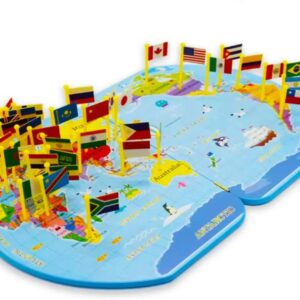 Harta Lumii din lemn cu 36 steaguri nationale