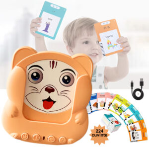 Jucarie educativa Montessori pentru copii, aparat de invatat cuvinte in limba engleza cu cititor de carduri flash, 224 de cuvinte, 112 carduri, incarcare MicroUSB, Portocaliu
