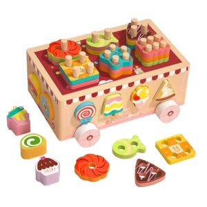 Carucior sortator de forme din lemn, cu tematica dulciuri, multicolor pentru copii