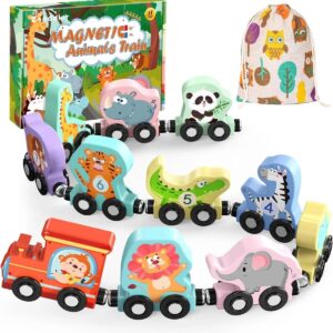 Trenulet magnetic din lemn Animale Zoadler 11 piese cu saculet de depozitare