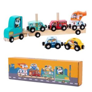 Set educativ trenulet si masinute din lemn multicolor cu magneti si personaje animale vesele