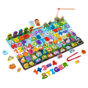 Joc 7 in 1 din lemn, Montessori logaritmic, litere, cifre, forme, animale, forme geometrice si pescuit magnetic