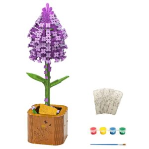 Set creativ DIY floare lavanda puzzle din lemn cu ghiveci si vopsele pentru decor