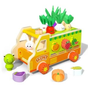 Camion din lemn multifunctional cu sortator de forme fructe si legume, ideal pentru copii 1-3 ani
