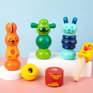 Set educativ 4 figurine colorate tip 'screw man' din lemn pentru copii peste 3 ani