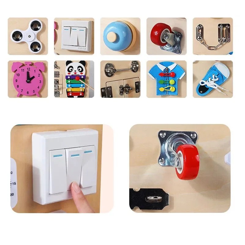 Placa senzoriala Montessori din lemn, activitati multiple pentru dezvoltarea motricitatii fine copii - imagine 2