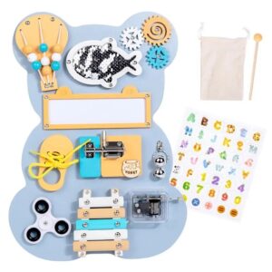 Jucarie interactiva busy board Montessori din lemn cu activitati multiple pentru copii 1-3 ani