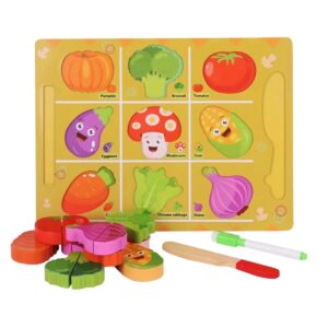 Joc educativ din lemn cu puzzle si 9 legume colorate de taiat, ideal pentru dezvoltarea copiilor