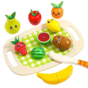 Set de joaca fructe de taiat din lemn multicolor, cu fete simpatice si Velcro, tabla si cutit, pentru copii