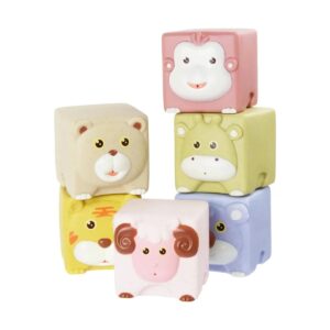 Set educativ premium 6 cuburi senzoriale cu animale indragite din silicon moale si texturat pentru bebelusi 6-36 luni