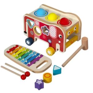 Set interactiv din lemn cu ciocanel, xilofon curcubeu, sortator forme si bile pentru bebelusi 18+ luni