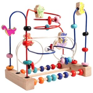 Jucarie labirint cu margele si dinozauri din lemn colorat, pentru dezvoltarea motricitatii copiilor mici