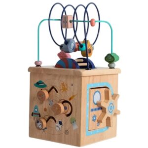 Cub activitati Montessori din lemn cu labirint de margele si tematica spatiala, pentru copii 1-3 ani