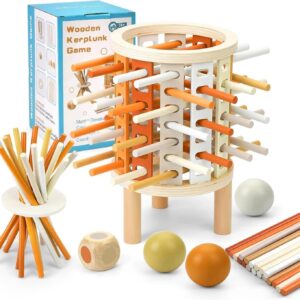 Joc de indemanare Kerplunk din lemn natural cu bete colorate si bile pentru copii 3+ ani