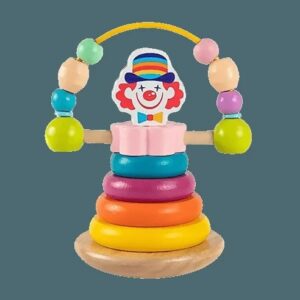 Jucarie educationala din lemn cu clovn colorat, stivuire inele si abac pentru bebelusi