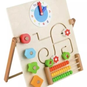 Tabla de activitati multifunctionala din lemn, multicolor, cu ceas, abac si labirint pentru copii