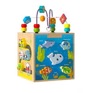 Cub de activitati din lemn multicolor cu labirint de margele si puzzle cu animale marine si vehicule