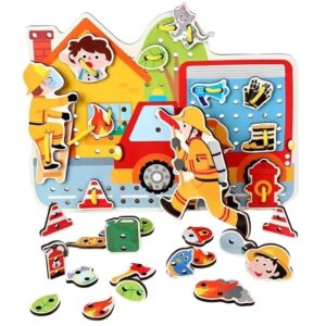 Set puzzle educativ din lemn multicolor cu pompieri si masina de interventie pentru copii