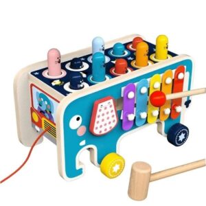 Jucarie multifunctionala din lemn cu xilofon colorat si joc whack-a-mole, pentru copii 12+ luni
