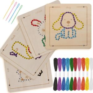 Set de cusut si insirat Montessori din lemn cu animale, snururi colorate si ace pentru copii