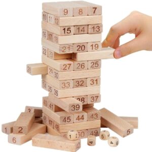 Joc clasic de indemanare si echilibru din lemn natural tip jenga cu blocuri numerotate si zaruri